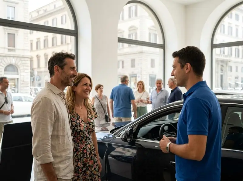 Una coppia parla con un venditore accanto a un'auto nuova in concessionaria