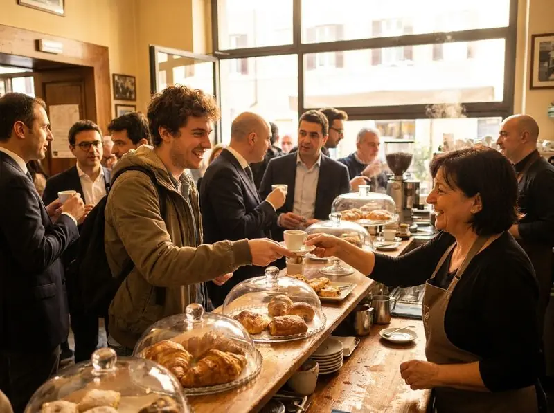 Una barista serve un caffè al bancone