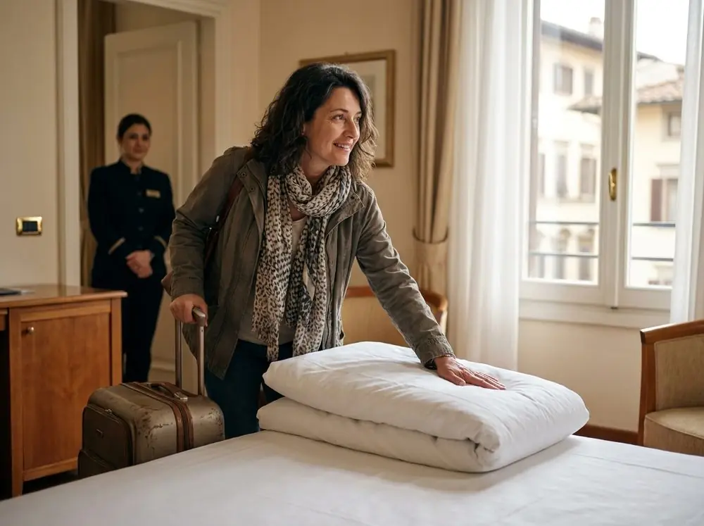 Un'ospite appena arrivata in una camera d'albergo controlla la biancheria del letto