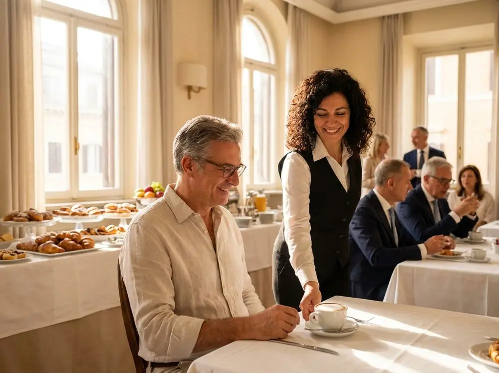 Una cameriera serve un cappuccino a un ospite nella sala colazioni di un hotel