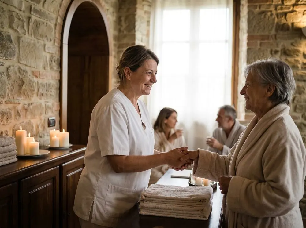 Una terapista accoglie un'ospite alla reception di una spa