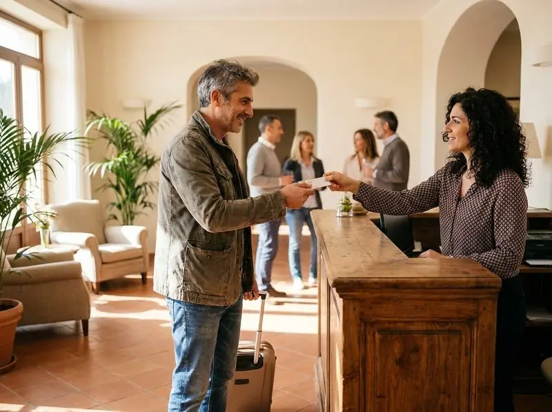 Un ospite alla reception di un hotel parla con la receptionist