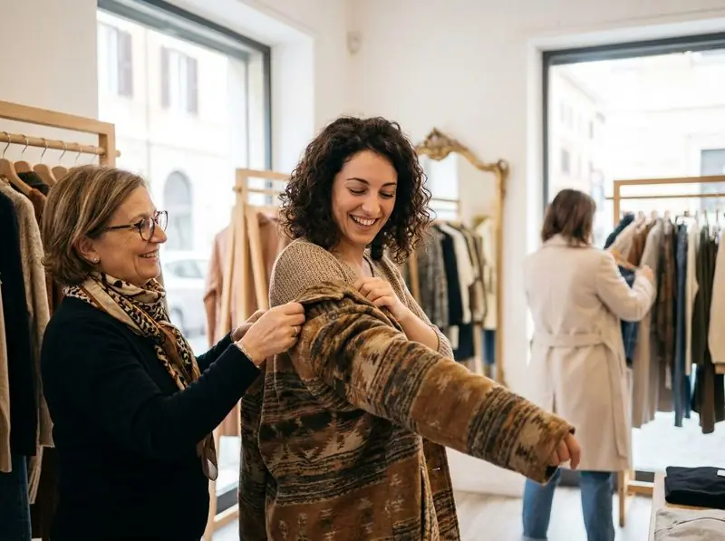 Una commessa aiuta una cliente a provare una giacca