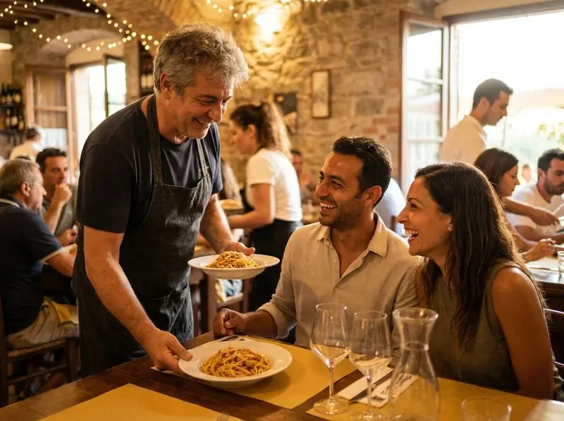 Un cameriere serve due piatti a una coppia in trattoria