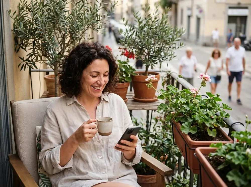 Una donna sul balcone di casa con il telefono in mano